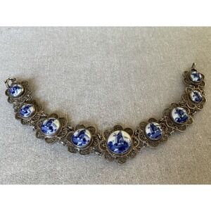 Vintage Delt 835 Silver Porcelain Windmill Bracelet Vintage Estate Jewelry